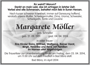 Traueranzeige von Margarete Möller von WVG - Wochenspiegel NMB / WSF / ZTZ
