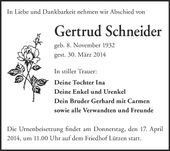 Traueranzeige von Gertrud Schneider von WVG - Wochenspiegel NMB / WSF / ZTZ