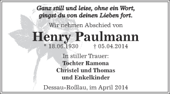 Traueranzeige von Henry Paulmann von WVG - Wochenspiegel Dessau / Köthen