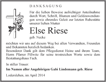 Traueranzeige von Else Riese von WVG - Wochenspiegel Merseburg