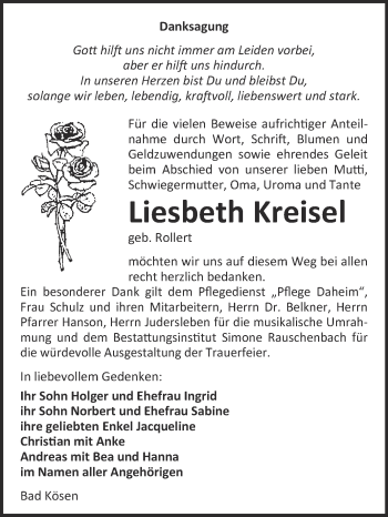 Traueranzeige von Liesbeth Kreisel von WVG - Wochenspiegel NMB / WSF / ZTZ