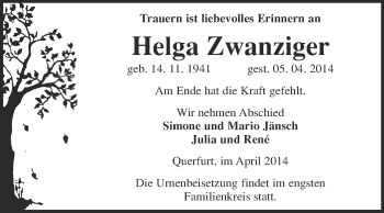Traueranzeige von Helga Zwanziger von WVG - Wochenspiegel Merseburg