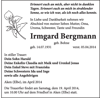 Traueranzeige von Irmgard Bergmann von Super Sonntag Dessau / Köthen