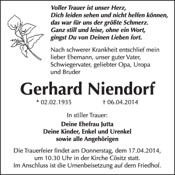 Traueranzeige von Gerhard Niendorf von Super Sonntag Dessau / Köthen
