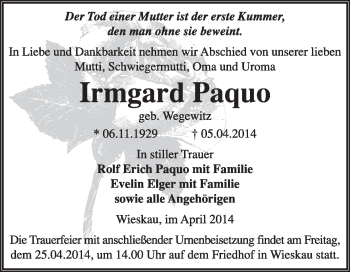 Traueranzeige von Irmgard Paquo von Super Sonntag Dessau / Köthen