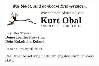 Traueranzeige von Kurt Obal von WVG - Wochenspiegel Bitterfeld