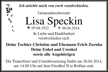 Traueranzeige von Lisa Speckin von Super Sonntag Dessau / Köthen
