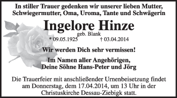 Traueranzeige von Ingelore Hinze von Super Sonntag Dessau / Köthen