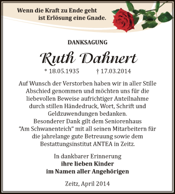 Traueranzeige von Ruth Dahnert von Super Sonntag Zeitz