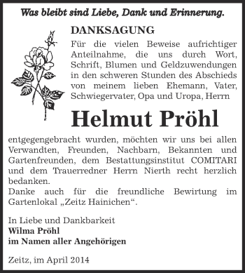 Traueranzeige von Helmut Pröhl von Super Sonntag Zeitz