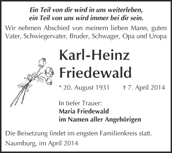 Traueranzeige von Karl-Heinz Friedewald von WVG - Wochenspiegel NMB / WSF / ZTZ