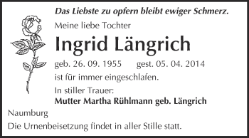 Traueranzeige von Ingrid Längrich von WVG - Wochenspiegel NMB / WSF / ZTZ