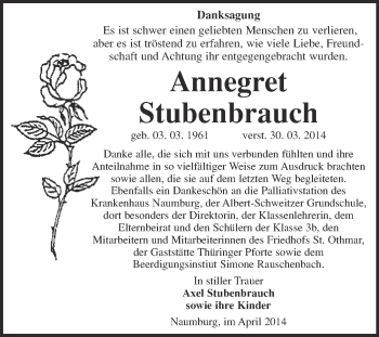 Traueranzeige von Annegret Stubenbrauch von WVG - Wochenspiegel NMB / WSF / ZTZ