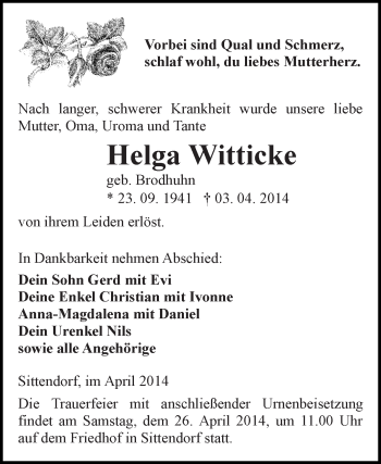 Traueranzeige von Helga Witticke von WVG - Wochenspiegel SGH