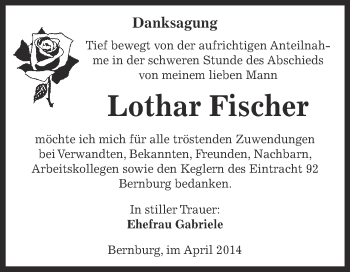 Traueranzeige von Lothar Fischer von Super Sonntag Bernburg