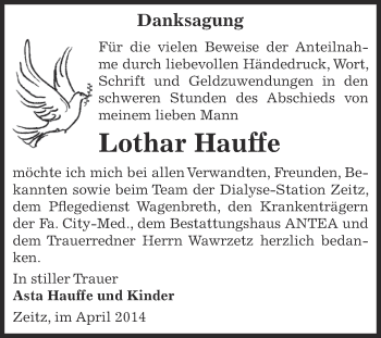 Traueranzeige von Lothar Hauffe von Super Sonntag Zeitz