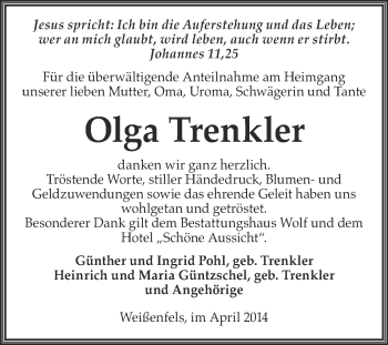 Traueranzeige von Olga Trenkler von WVG - Wochenspiegel NMB / WSF / ZTZ