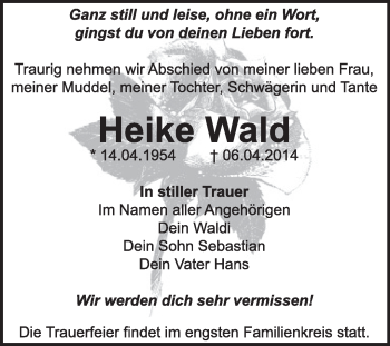 Traueranzeige von Heike Wald von Super Sonntag Dessau / Köthen