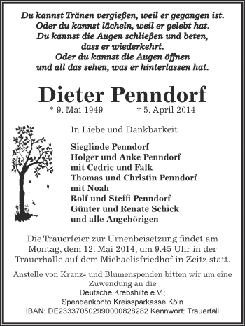 Traueranzeige von Dieter Penndorf von Super Sonntag Zeitz