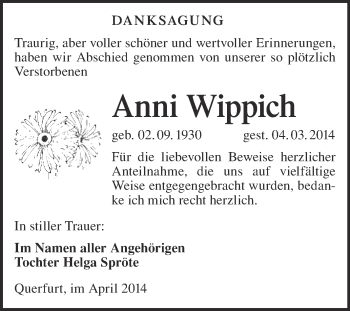 Traueranzeige von Anni Wippich von WVG - Wochenspiegel Merseburg