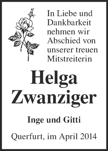 Traueranzeige von Helga Zwanziger von WVG - Wochenspiegel Merseburg
