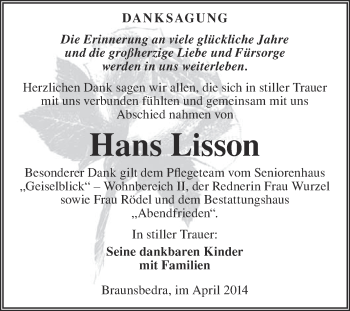 Traueranzeige von Hans Lisson von WVG - Wochenspiegel Merseburg