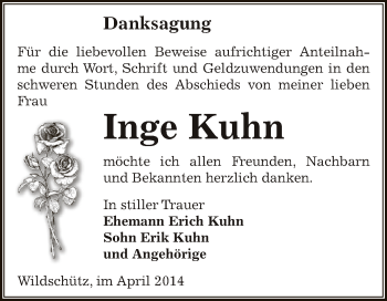 Traueranzeige von Inge Kuhn von Super Sonntag Zeitz