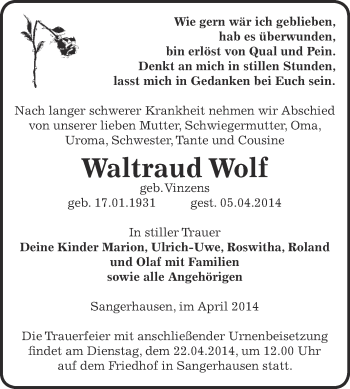 Traueranzeige von Waltraud Wolf von Super Sonntag SGH Mansf. Land