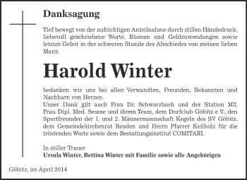 Traueranzeige von Harold Winter von Super Sonntag Zeitz