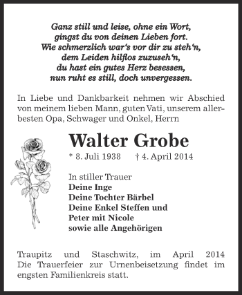Traueranzeige von Walter Grobe von Super Sonntag Zeitz