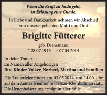 Traueranzeige von Brigitte Fütterer von Super Sonntag Dessau / Köthen