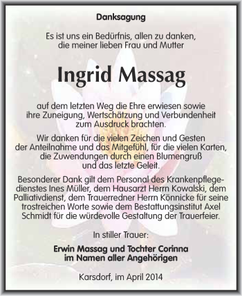 Traueranzeige von Ingrid Massag von WVG - Wochenspiegel NMB / WSF / ZTZ