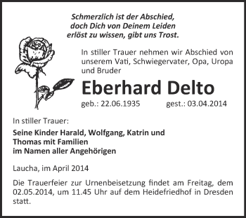Traueranzeige von Eberhard Delto von WVG - Wochenspiegel NMB / WSF / ZTZ