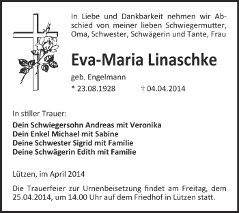 Traueranzeige von Eva-Maria Linaschke von WVG - Wochenspiegel Merseburg