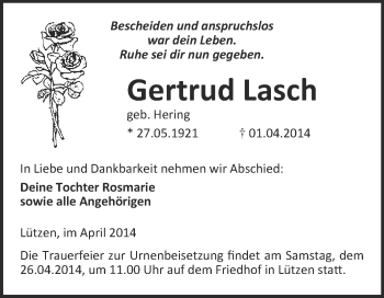 Traueranzeige von Gertrud Lasch von WVG - Wochenspiegel Merseburg