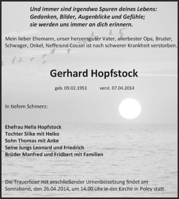 Traueranzeige von Gerhard Hopfstock von Super Sonntag Bernburg