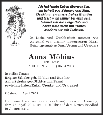 Traueranzeige von Anna Möbius von Super Sonntag Bernburg