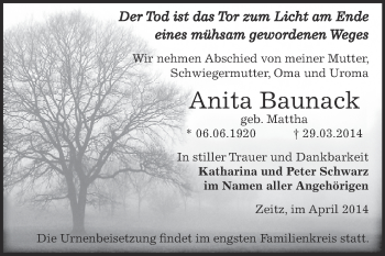 Traueranzeige von Anita Baunack von Super Sonntag Zeitz