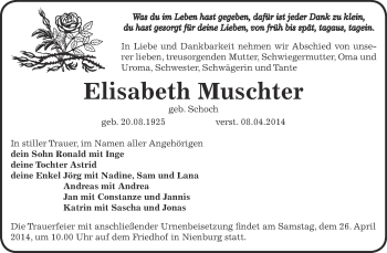 Traueranzeige von Elisabeth Muschter von Super Sonntag Bernburg