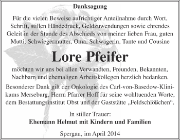 Traueranzeige von Lore Pfeifer von Super Sonntag Merseburg