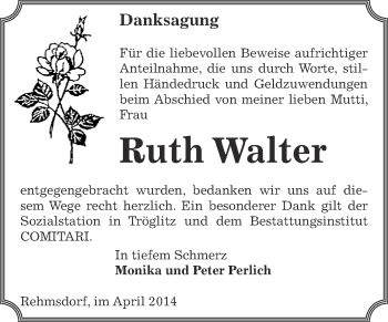 Traueranzeige von Ruth Walter von Super Sonntag Zeitz