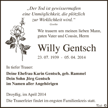 Traueranzeige von Willy Gentsch von Super Sonntag Zeitz