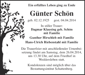 Traueranzeige von Günter Schön von WVG - Wochenspiegel Quedlinburg