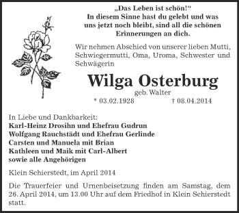 Traueranzeige von Wilga Osterburg von WVG - Wochenspiegel Aschersleben