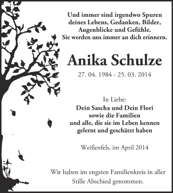 Traueranzeige von Anika Schulze von WVG - Wochenspiegel NMB / WSF / ZTZ