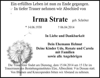 Traueranzeige von Irma Strate von Super Sonntag Dessau / Köthen