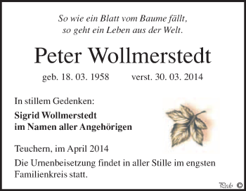 Traueranzeige von Peter Wollmerstedt von WVG - Wochenspiegel NMB / WSF / ZTZ
