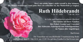 Traueranzeige von Ruth Hildebrandt von WVG - Wochenspiegel NMB / WSF / ZTZ