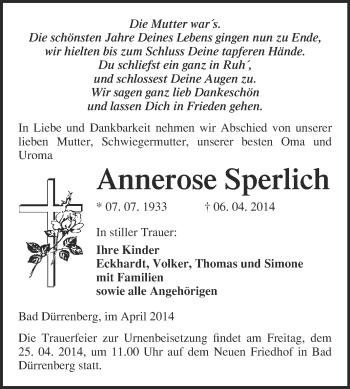 Traueranzeige von Annerose Sperlich von Super Sonntag Merseburg