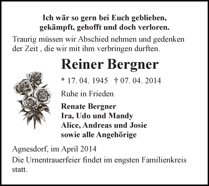  Traueranzeige für Reiner Bergner vom 13.04.2014 aus Super Sonntag SGH Mansf. Land
